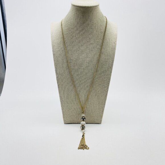 Gold Tone Tassel Pendant Necklace Long Chain With Silver and Clear Beads - Picture 5 of 7